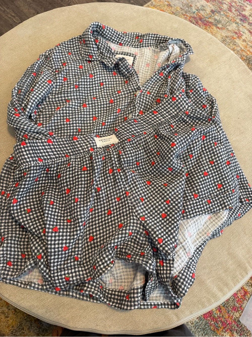 American Eagle Outfitters Black Gingham Button-Down setwith Red Strawberry Motif